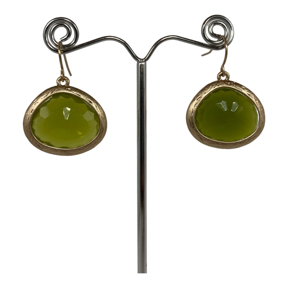 Gold Teardrop Dangle Earrings with Olive Green